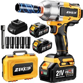 Zekkip 1/2 inch Cordless Impact Wrench, 958Ft-lbs (1300N.m) High Torque Brushless Impact Gun, 3500RPM, 2x4000mAh Battery, Fast Charger & 5 Sockets, Electric Impact Wrench for Car, Pickup, Mower
