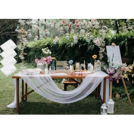 Pearl Tablecloths Décor Wedding Table Runner Veil Lace Tulle Fabrics Sweetheart Arch Dessert White Aisle Denim and Diamonds Party Decorations 4 Pieces 60x120 Inch