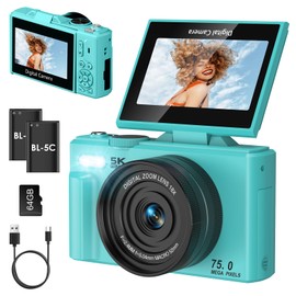 Nsyee 5K Digital Camera, with WIFI Transfer, 75MP Autofocus YouTube Vlog Camera, 180° Flip 3 Inch Screen, with 64G SD Card, 18x Digital Zoom, Compact Cameras for Beginners & Teens, Blue