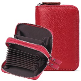 GOIACII Women's Credit Card Holder Leather RFID Protection Wallet with Zip and Many Compartments, Small and Short Format Wallet for Women, B02-red