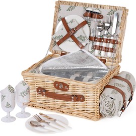 HappyPicnic Picnic Basket Set for 2 - Wicker Picnic Basket with Waterproof Blanket & Insulated Liner, Large Handmade Willow Hamper with Cutlery Kit for Outdoor, Picnic, Camping, Party, Holidays (Leaf)