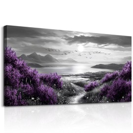 FUHAIHUA Canvas Wall Art For Living Room Large Wall Decor For Bedroom Modern Office Wall Decoration Purple Flowers Landscape Paintings Black and White Scenery Pictures Artwork Aesthetic Home Decor
