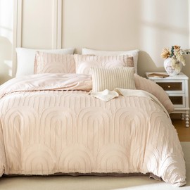 Herside Double Size Tufted Bedding Set Farmhouse Duvet Cover Set 3pcs Boho Rainbow Embroidery Tufted Printed Microfibre Quilt Cover Set Home Decor for Girls Teens Adult