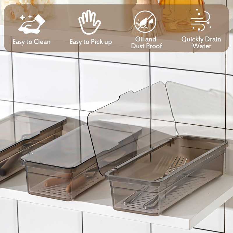 Remerry 3 Pcs Flatware Tray with Lid and Drainer, Plastic