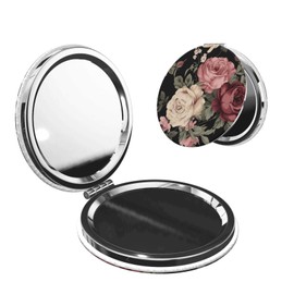 keluki Vintage Pink and Cream Dark Floral Print Foldable Travel Pocket Mirror Round PU Leather Portable Mini Makeup Double Sided Handheld Magnifying,2.6 in
