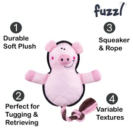 Fuzzl Dura Pig – Plush Pig Dog Toy on Rope with Squeaker – Interactive Tug, Fetch & Play for Small, Medium & Large Dogs – Gentle on Teeth & Gums