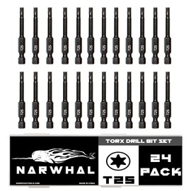 T25 Torx Bits (24 Pack - 2 Inch Impact Grade) 6 Point Torx Star Bit with Hex Shank - Hardened CRM Steel Alloy - Case Included