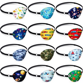 Timgle 12 Pcs Eye Patches for Kids Adjustable Eye Patch Single Cute Reusable Cartoon Eyepatch with Elastic Strap Costume Accessories for Boys Funny Gifts Right or Left Eye Various Pattern