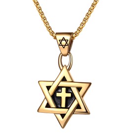 Oidea Star of David Necklace for Men Women: Gold Tone Stainless Steel Hexagon Cross Pendant Necklaces Religious Jewish Jewelry Gift, Length 23.62"