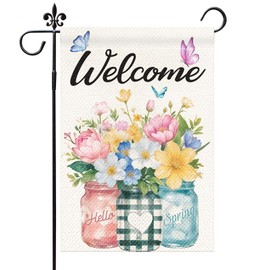 Welcome Spring Garden Flag 12x18 Inch Double Sided Floral Mason Jar Garden Flag for Outside Summer Festive Holiday Yard Outdoor Decorative Burlap Yard Flag