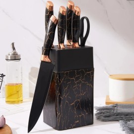 Chef Knife 7-Piece Chef Knife Set, Black and Gold, with Built-in Sharpener and Marble Base