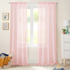 MIULEE Curtains with Pompoms, Pretty Coral Pink, Transparent Curtains for Children's Room, Girls, 2 Pieces, Curtain with Pompoms with Rod Pocket, Transparent Curtain with Pompoms, Each H 245 x W 140