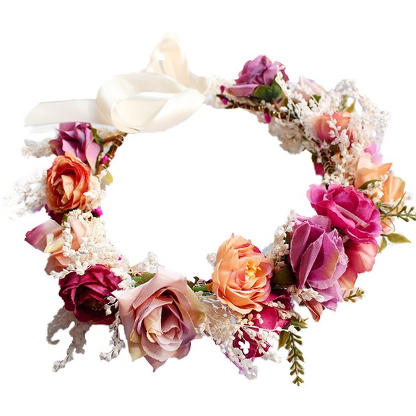 YAZILIND Adjustable Flower Headband Hair Wreath Floral Garland Crown Halo Headpiece with Ribbon Boho Wedding Festival