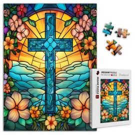 Christian Puzzles for Adults 500 Pieces Cross Stained Glass Jigsaw Puzzles with Colorful Flower Religious Easter Puzzles as Home Decor