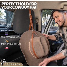 Cowboy Hat Rack for Pickup Truck & Car – Genuine Buffalo Leather Strap & Hanger with Soft Bristle Brush – Wall, Closet or Cabinet Mount – Keeps Cowboy Hat Shape – Premium Hat Holder & Organizer