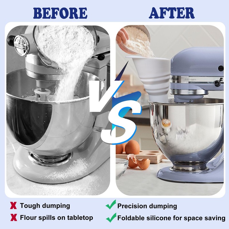 LeLehome Foldable Flour Funnel for Kitchen Aid Mixer, Silicone Powder