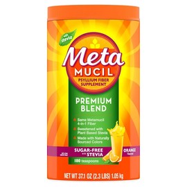 Metamucil Premium Blend, 4-in-1 Fiber Supplement for Digestive Health, Psyllium Husk Powder, Sugar-Free with Stevia, Plant-Based Fiber Supplement, Orange Flavored, 180 teaspoons