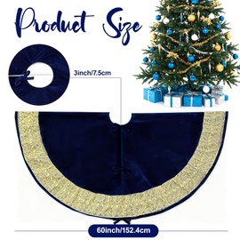 CYAOOI Blue Christmas Tree Skirt 60 inches, Large Velvet Tree Skirt for 7.5 ft & 9 ft Tree, Vintage Luxury Xmas Tree Skirts with Gold Glitter Trim Rustic Christmas Tree Holiday Party Decorations