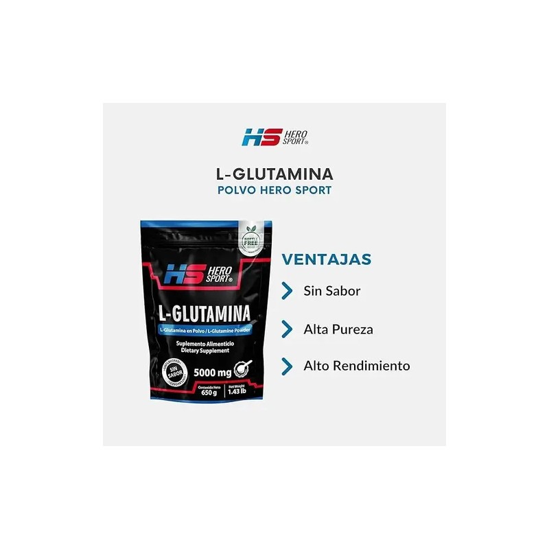 Glutamina Polvo 650 Gr 130 Servicios, Sin Sabor Hero Sport