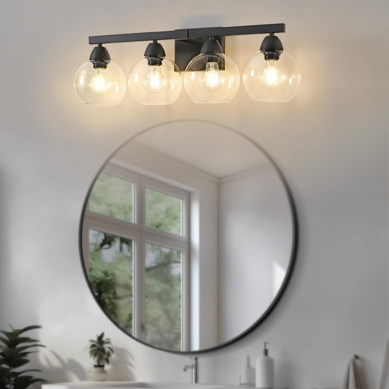 Ruibutrade Bathroom Light Fixtures, 4-Light Black Vanity Light with Hand-Blown