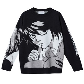 FELLVISHK Anime Girl Figure Sweater Graphic Long Sleeve Oversize Knitwear Sweatshirt Unisex 3D(BlackL, Large)