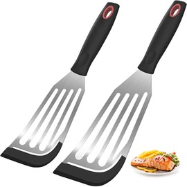 2Pack Silicone Fish Spatulas for Nonstick Cookware,Fish Turner Spatula Stainless Steel with Heat Resistant Silicone Edge,Metal Slotted Spatula for Flipping Fish Egg Patties Fries Pancake Steak (Black)