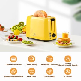 iSiLER 2 Slice Toaster, 1.3 Inches Wide Slot Bagel Toaster with 7 Shade Settings and Double Side Baking, Removable Crumb Tray, Defrost Cancel Function Yellow