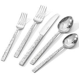 KINGSTONE 40 Pcs Hammered Silverware Set for 8, 18/10 Stainless Steel Heavy Duty Flatware Set, Tableware Cutlery Utensil Sets for Home Restaurant Dishwasher Safe