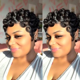 SisBroSis Short Curly Human Hair Wig Pixie Cut Wigs for Black Women Short Layered Curly Pixie Cut Wigs With Bangs Natural Black Color for Daily Use Glueless Full Machine Made Wig (natural black)