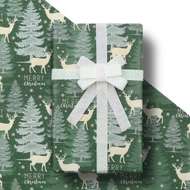 Festive Winter Forest Woodland Green Tree Watercolor Elk Snowflake Merry Christmas Wrapping Paper -1 Mini Roll 17 X 10 ft Per roll 14.1 sq.ft.ttl- Gift Wrap For Holiday Xmas Birthday Wedding Baby Shower DIY Crafts Gift Packing
