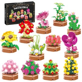 zinat 12 Pack Flower Succulent Building Blocks Set, 1001 PCS Botanical Plant Collection, DIY Potted Plants Model for Home Office Decor, Creative Gift for Adults & Kids Age 6+