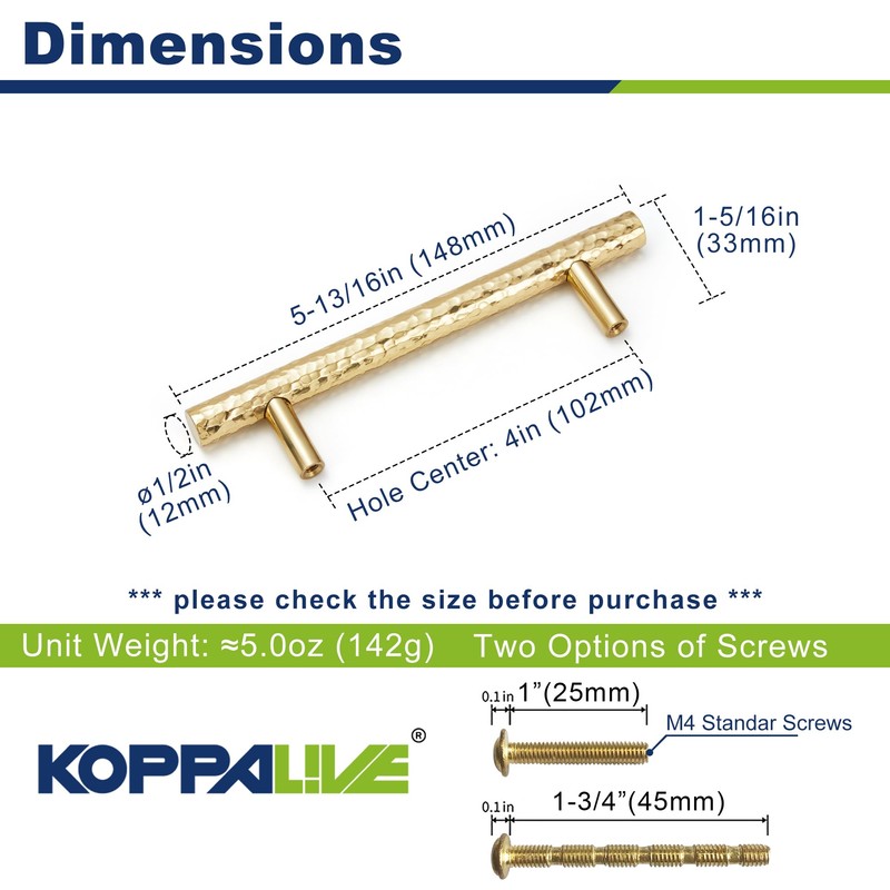 KOPPALIVE 6-Pack Solid Brass Kitchen Cabinet Pulls, Gold Modern T-Bar