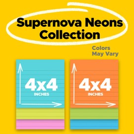 Post-it Super Sticky Notes, 3 Lined Sticky Note Pads, 4 x 4 in, School Supplies, Office Products, Notes for Vertical Surfaces, Monitors, Walls and Windows, Assorted Brights