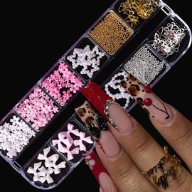 Bow Nail Charms Kit, Jremg 3D Nail Charms and Gems Flatback Mini Gold Silver Beads Nail Art Charms Multiple Style Blossom Flower Nail Supplies for Manicure Design Nail Decoration 2Boxes