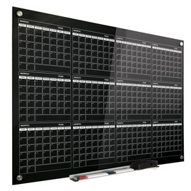 Real Glass Dry Erase Yearly Calendar, Giant Size 34" x 46", Tempered Glass Surface, Frameless Wall Mount, With 4 Assorted Color Markers and Eraser, by Better Office Products (Jet Black)