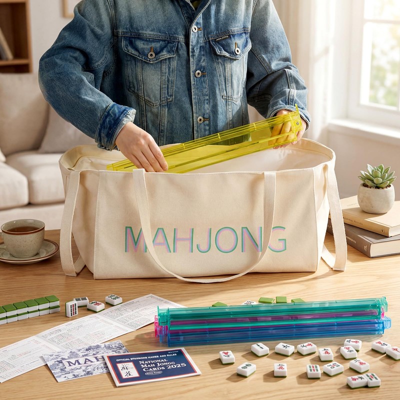 Abbylike 28"x9" Mahjong Bag for Mahjong Accessories,Beige,Canvas