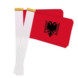 25 Packs Small Albania Flags on Handheld Stick，Miniature Albanian Flag for Outside,4x6 Inch Mini Hand Held Banner with Golden Topper,Patriotic Decorations