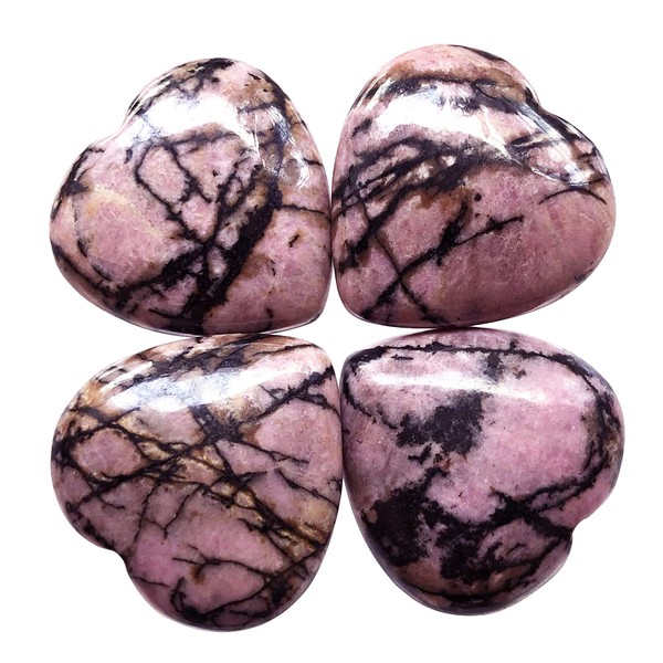 Hslutiee 1”(25mm) Mini Crystal Heart Stone Set, Polished Carved Healing Chakra Puffy Love Pocket Stones Reiki Balancing 4Pcs, Rhodonite