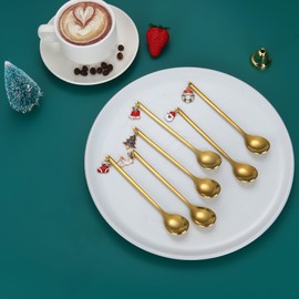 TAIYOU Set of 6 Golden Christmas Spoons Set, Long Handle, Small Round Spoon, Christmas Coffee Spoon, Stainless Steel Christmas Spoon, Golden Spoon Set Spoon with Christmas Tree Pendant