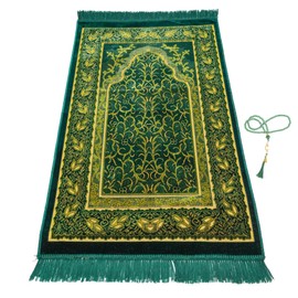 FIRASET Muslim Prayer Rug, Soft Plush Thin Islamic Prayer Mat, Janamaz, Sajada, Praying Carpet, Islamic Gift for Men & Women, Islamic Mat, DarkGreen, Eid & Ramadan Gift with Prayer Beads, 26x43 inch