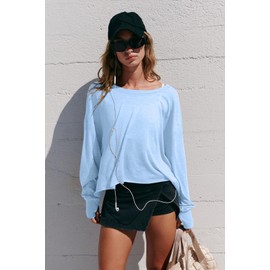 LASLULU Womens Backless Workout Tops Blue Long Sleeve Flowy Athletic Yoga Cute T-Shirts Casual Running Gym Fall Fashion Clothes Activewear(Sky Blue Small)