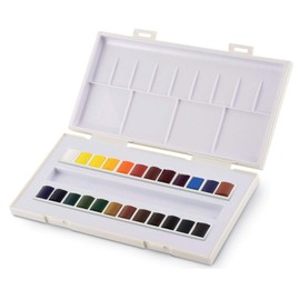 Sennelier Aquarelle 24 Pans. Sennelier Plastic Watercolour Box 24 x 1/2 Bowls + Brush and 1 Watercolour Postcard. Made in France