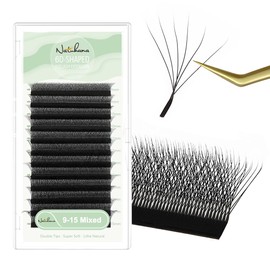 NATUHANA Eyelash Extensions 0.07 C Curl 9-15mm W Shaped Clover Classic Easy Fan Permanent Volume Lash Extensions Automatic Blooming Flower Lash,Professional Supplies for Lash Techs(0.07-C,9-15 Mixed)