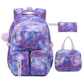 VANKANY School Backpack for Girls, Cute School Bag with Lunch Box & Pencil Case Gift for Kids, Teen Girl Bookbag for Elementary Middle High School Aesthetic Back Pack for Children, Starry Sky