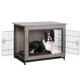 Shintenchi Wooden Dog Crate Furniture for Large Breed, L Double-Door Kennel Indoor with Removable Tray, End Table L Dog Crate for Decoration, 38.6" L, Grey