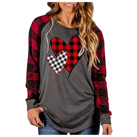 MHTOR Valentines Shirts Women Buffalo Plaid Love Heart Graphic Tees Letter Print Long Sleeve Tops Shirts(XX-Large,Grey)