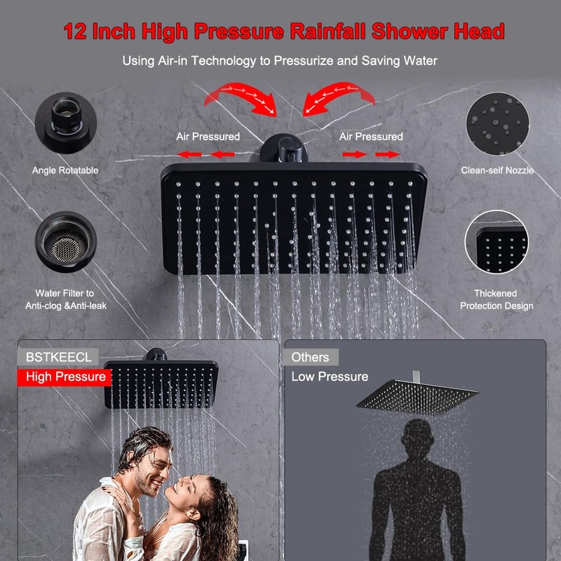 BSTKEECL Rain Shower Head with Handheld-12" High Pressure Square Rainfall