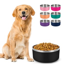 LIHONG Stainless Steel Dog Bowls for Large Dogs,Dog Food Water Bowls with Non Slip Rubber Bottom,Pet Feeding Bowl,Double Wall Insulated,Rustproof(64oz,Black)