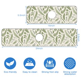 Kitchen Sink Splash Guard Mat Sage Green Leaf Fern Herbs Absorbent Fast Drying Mat Faucet Draining Mat Sink Splash Guard Behind Faucet Drip Catcher for Kitchen Bathroom 5.5”×15”