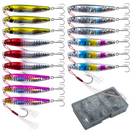 Goture Fishing Jigs, 20g 15Pcs Vertical Jig Saltwater Freshwater, Jig Fishing Lures with Assist Hook and Treble Hook, Fishing Jigging Spoon Lures with Tackle Box, Fishing Jig for Tuna, Salmon, Bass